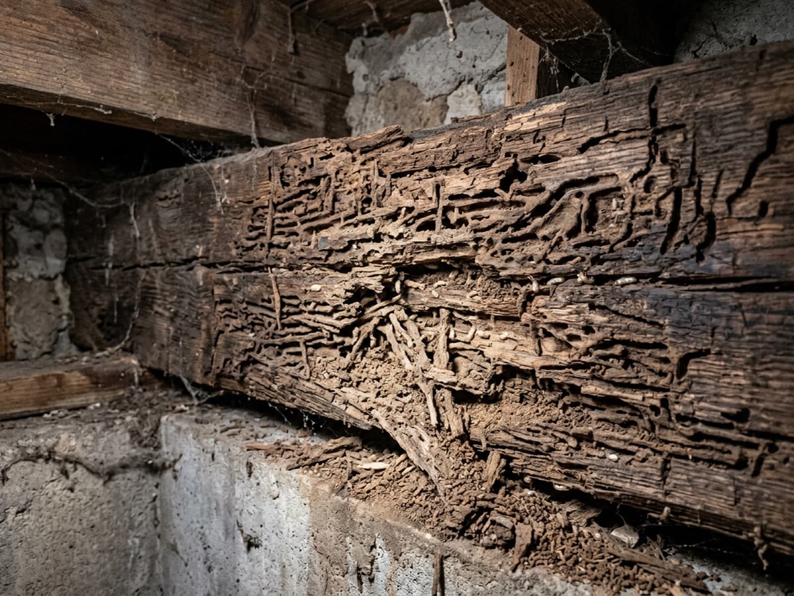 Termite damage tunnelled through structural timber.